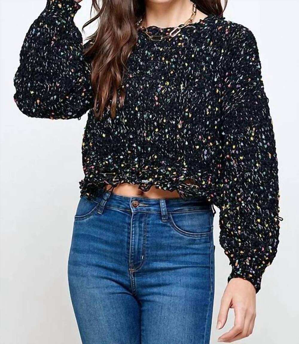 NEW SWEET GENERIS chenille popcorn speckles distressed crop sweater in black